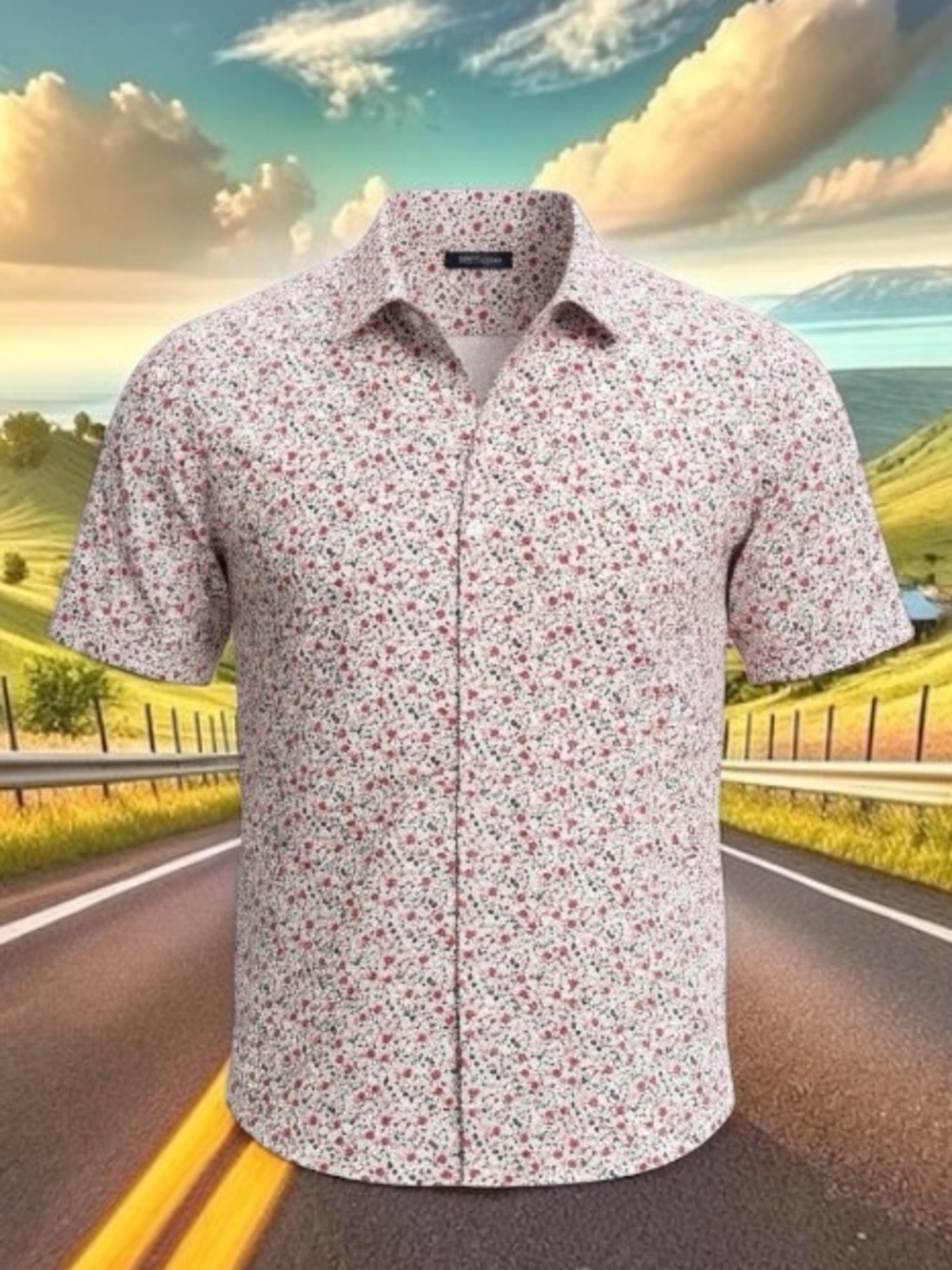 Casual Short-Sleeve Button-Down Shirt - White with Red Floral Print